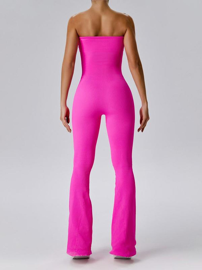 Women'S Sexy Yoga Ribbed One Piece Tube Jumpsuit Rompers Flared Trousers Tights Push-Up Sports Bodysuit Women Fitness Suit Workout Sportswear Gym